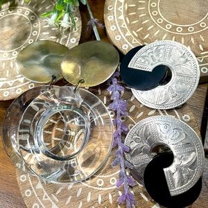 Two Pairs of Silver Engraved Round Earrings and and Lucite Large Hoop Earrings